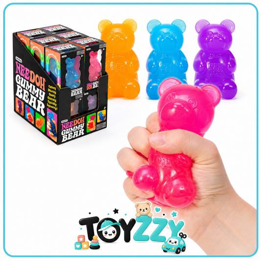 Pink NeeDoh Gummy Bear squishy toy being squeezed by hand - Toyzzy