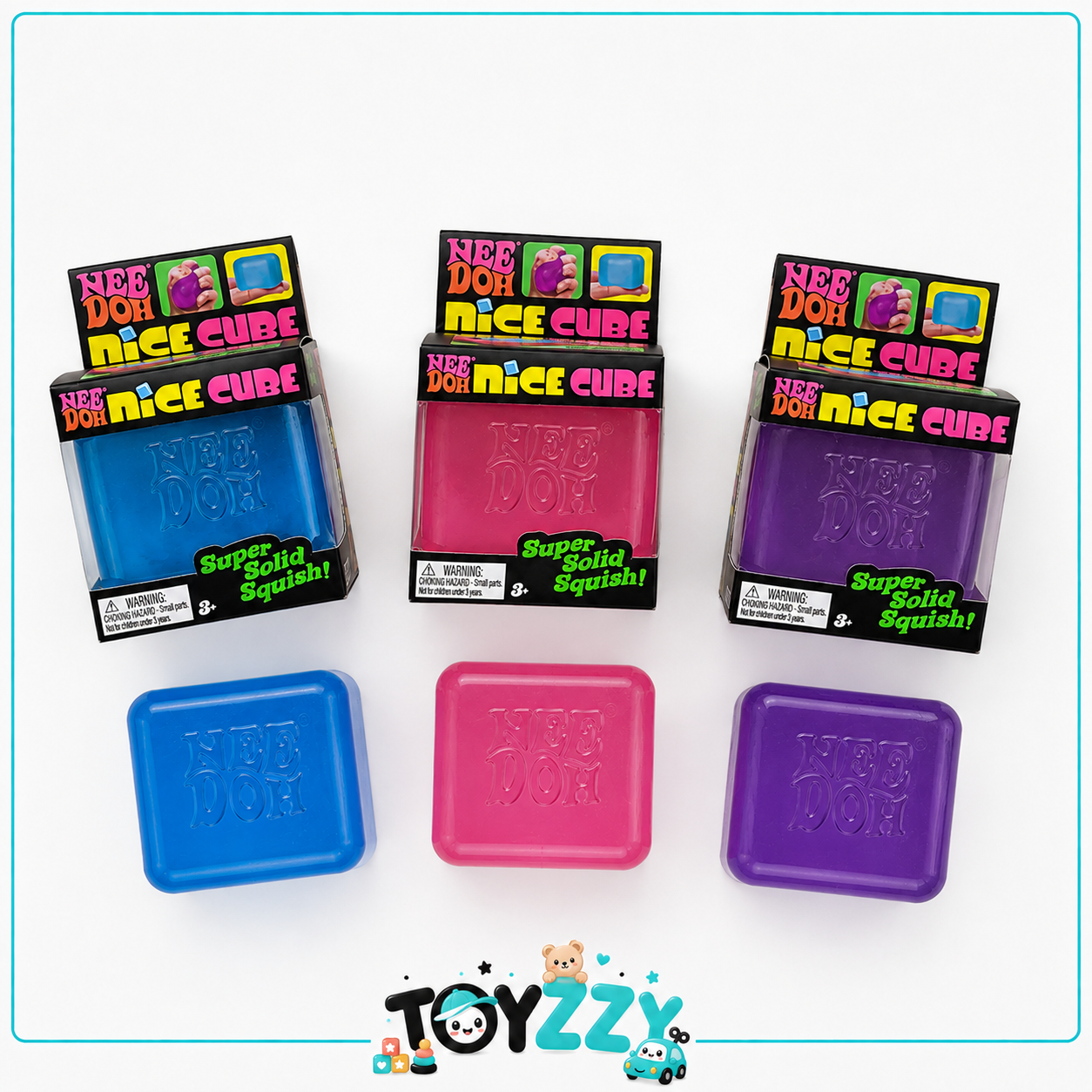 Blue pink and purple NeeDoh Nice Cube top view