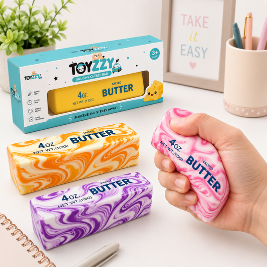 Pink butter squishy sensory toy being squeezed by hand beside orange and purple variants