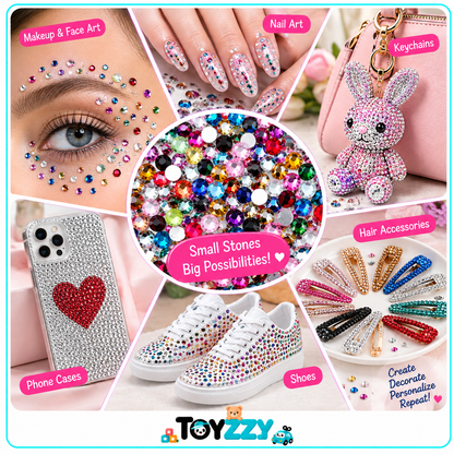 A promotional collage for TOYZZY rhinestone embellishments, showing a central pile of multicolor small stones and labeled examples including makeup and face art, nail art, keychains, phone cases, shoes, and hair accessories. The image is bright and commercial with a TOYZZY logo at the bottom.