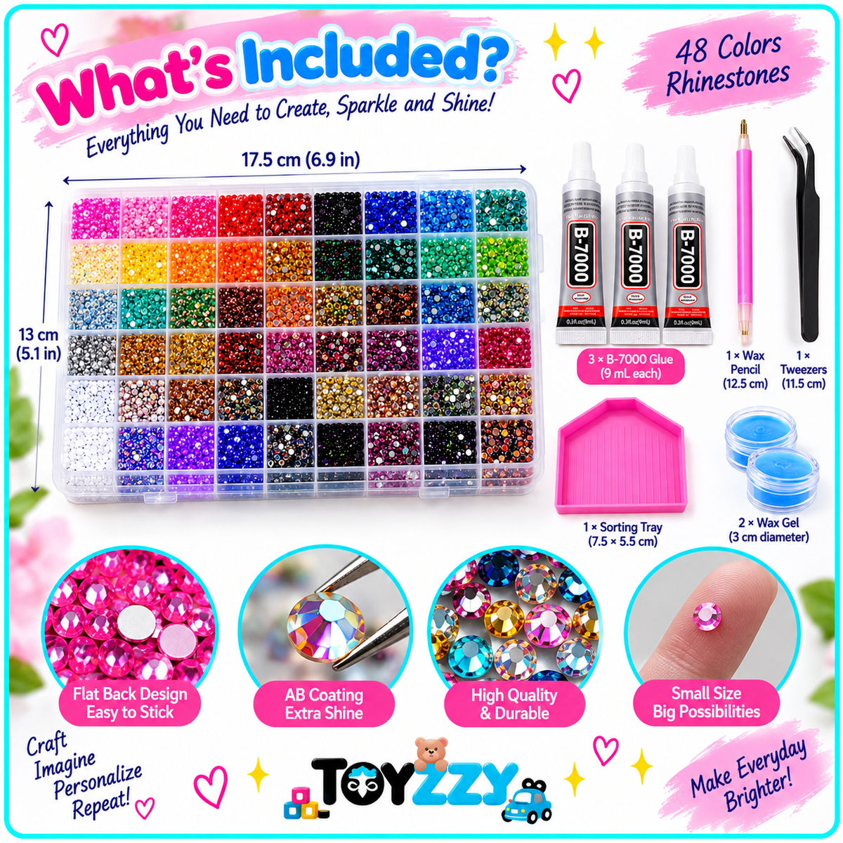 Size and contents guide for TOYZZY 48-color rhinestone craft kit