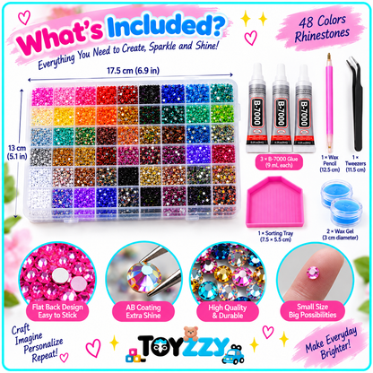 Size and contents guide for TOYZZY 48-color rhinestone craft kit