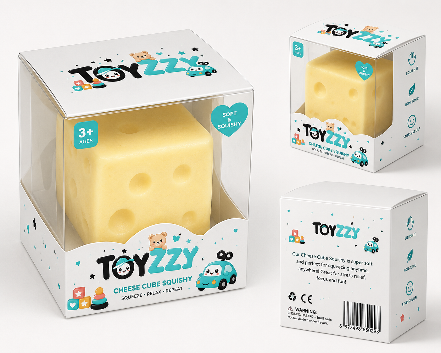 Toyzzy cheese cube squishy in retail packaging