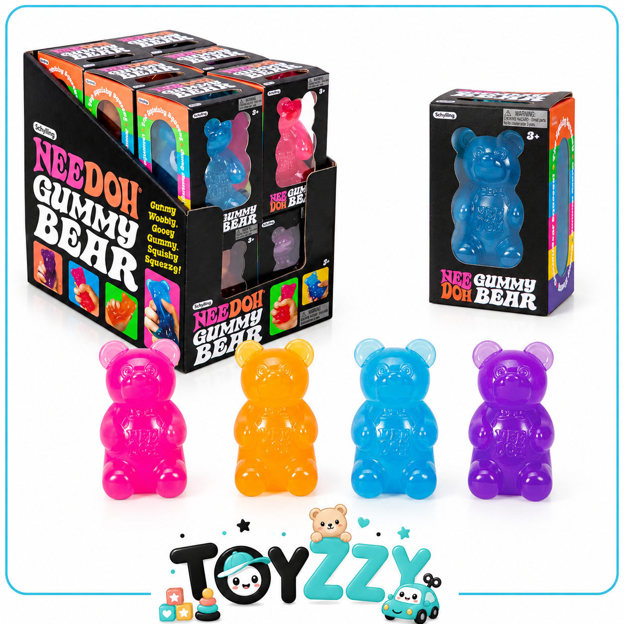 NeeDoh Gummy Bear squishy toys in four colors with packaging