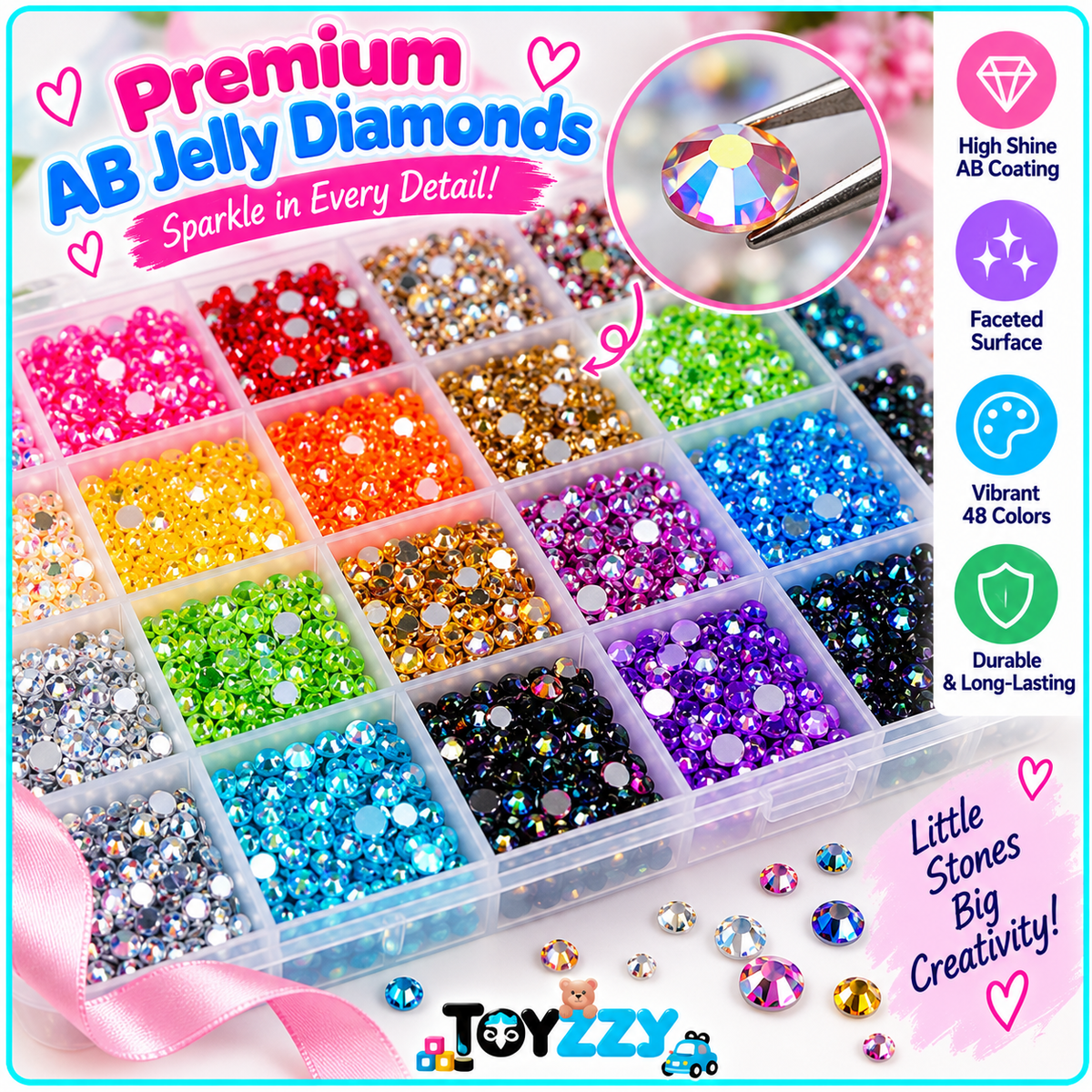 Close-up of colorful faceted AB Jelly flatback rhinestones