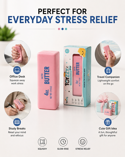 Pink butter squishy fidget toy for desk breaks, study, travel and gifting