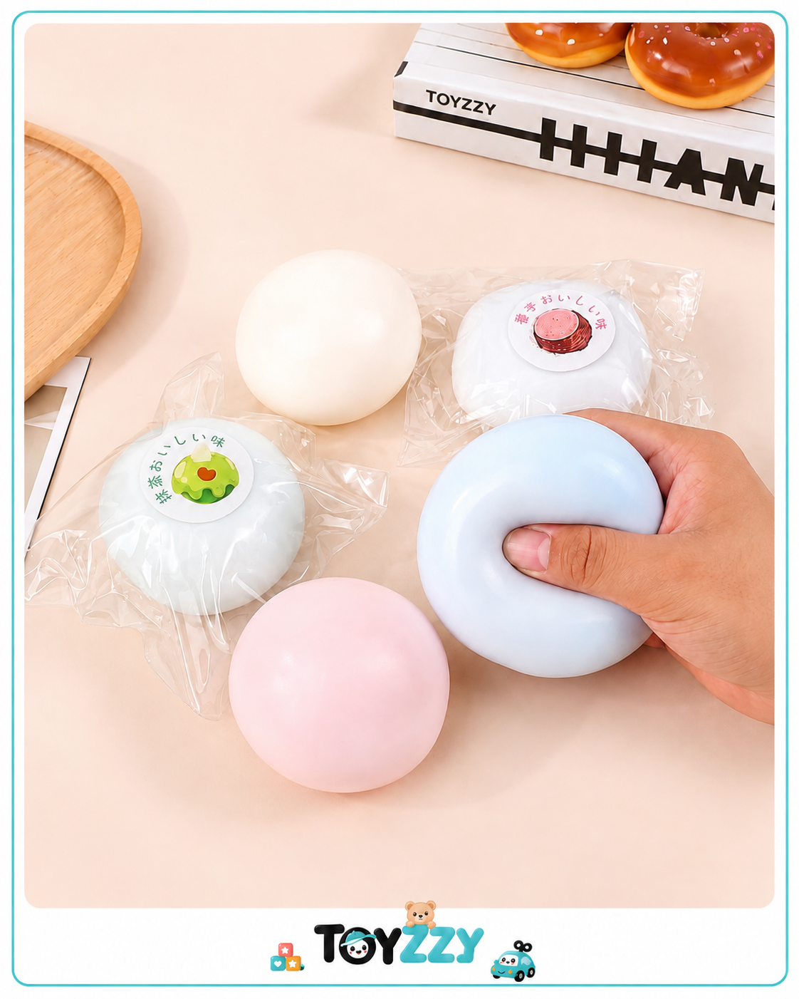 Toyzzy Mochi Squishy Toy squeezed with both hands showing soft texture