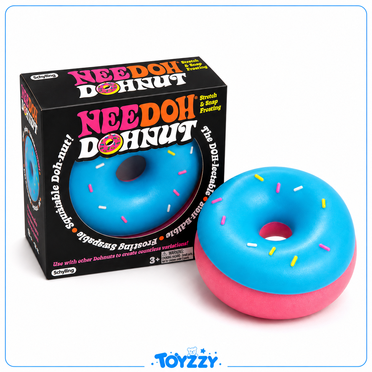 Blue NeeDoh Dohnut squishy toy front view - Toyzzy
A toy donut shaped squishy ball with bright blue frosting and pink filling, shown next to its black retail box labeled 'Needoh Dohnut' on a white background.