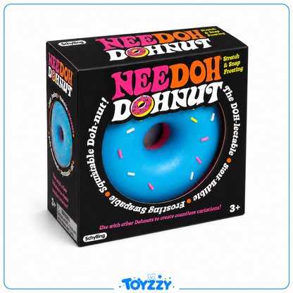 A boxed toy product labeled 'Needoh Donut' shown on a white background. The package is black with large multicolored text and a blue donut graphic on the front.