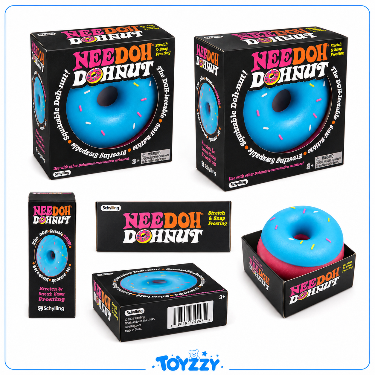 Schylling Needoh Dohnut squishy toy shown in multiple views, including the product inside its black retail packaging, a standalone view of the blue donut-shaped squishy, and a pink-and-blue donut inside another box. The packaging prominently displays the brand name 'Schylling' and the product name 'Needoh Dohnut'.