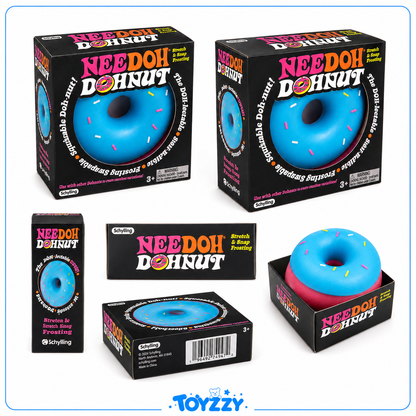 Schylling Needoh Dohnut squishy toy shown in multiple views, including the product inside its black retail packaging, a standalone view of the blue donut-shaped squishy, and a pink-and-blue donut inside another box. The packaging prominently displays the brand name 'Schylling' and the product name 'Needoh Dohnut'.