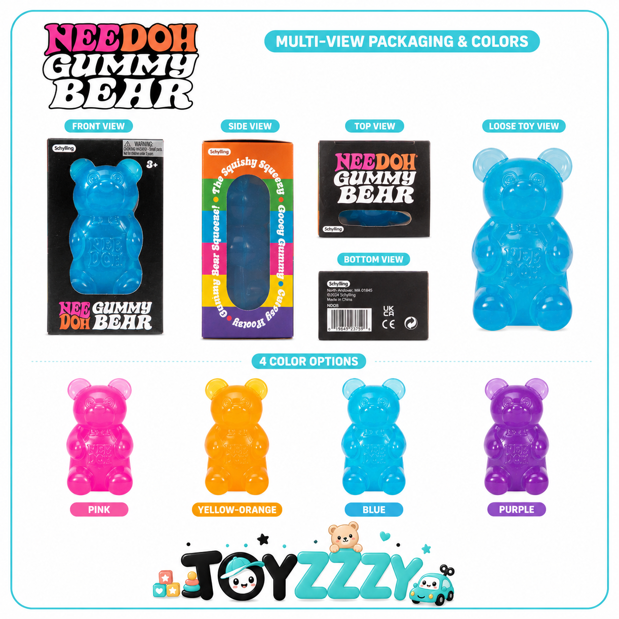 NeeDoh Gummy Bear packaging front side top and bottom views