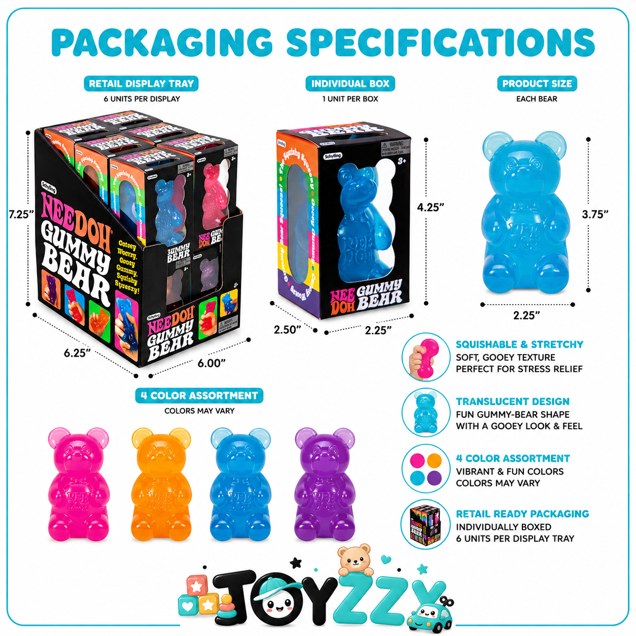 NeeDoh Gummy Bear squishy toy packaging and product features 