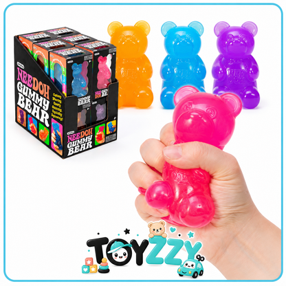 Pink NeeDoh Gummy Bear squishy toy being squeezed by hand - Toyzzy