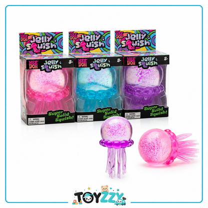 Close-up of NeeDoh Jelly Squish translucent glitter body and flexible tentacles