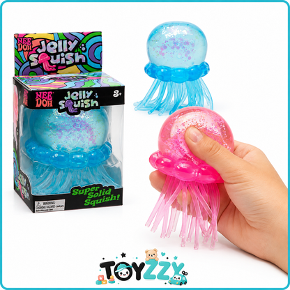Hand squeezing pink NeeDoh Jelly Squish demonstrating its squishy texture
