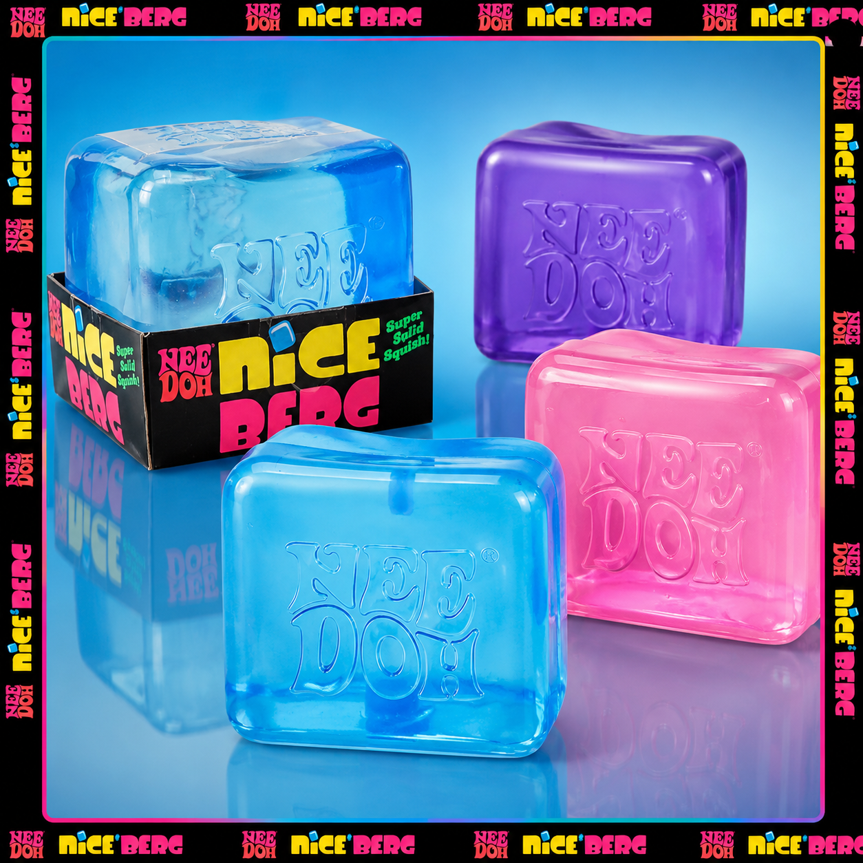 Toyzzy NeeDoh Nice Berg sensory squishy cubes in blue, pink and purple with original Nice Berg packaging