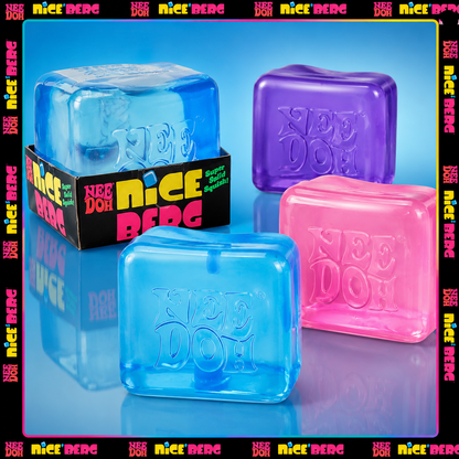 Toyzzy NeeDoh Nice Berg sensory squishy cubes in blue, pink and purple with original Nice Berg packaging