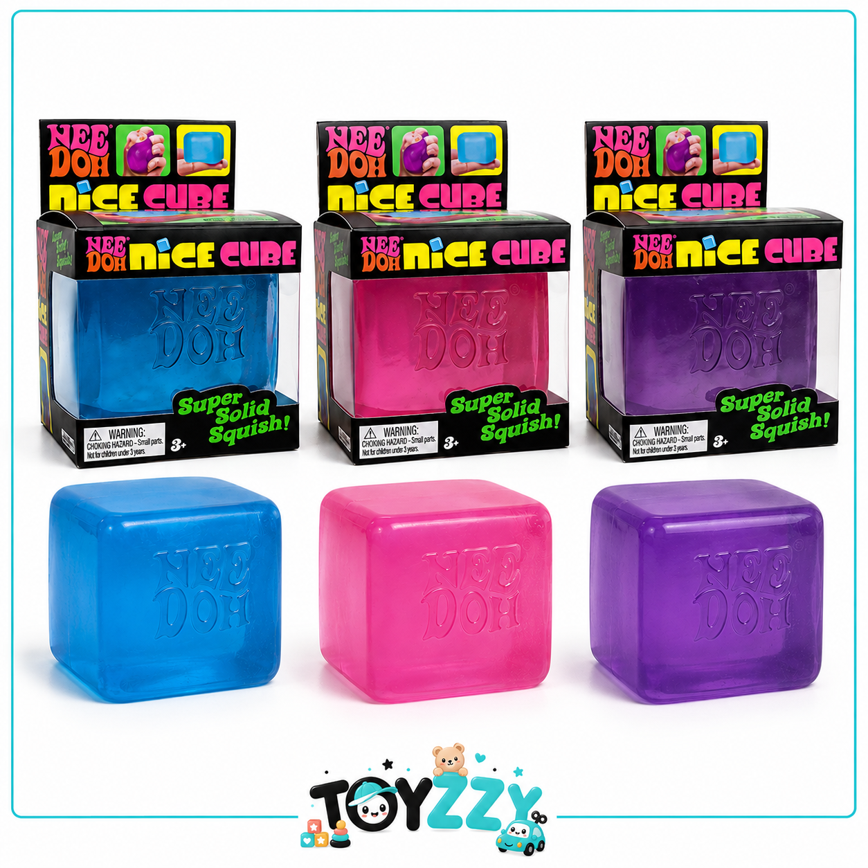NeeDoh Nice Cube blue pink and purple squishy toys with packaging