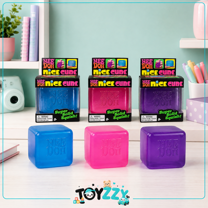NeeDoh Nice Cube sensory toys in blue pink and purple lifestyle display - Toyzzy
