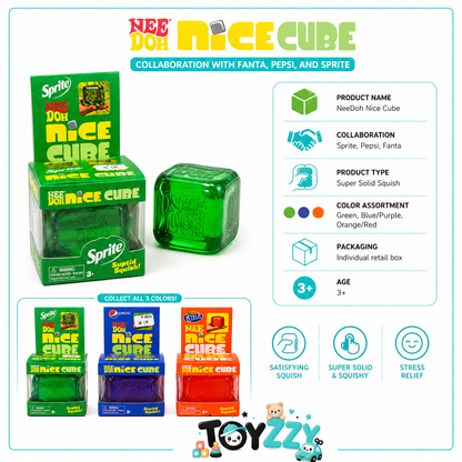 NeeDoh Nice Cube Sprite Pepsi and Fanta packaging top and angled views 