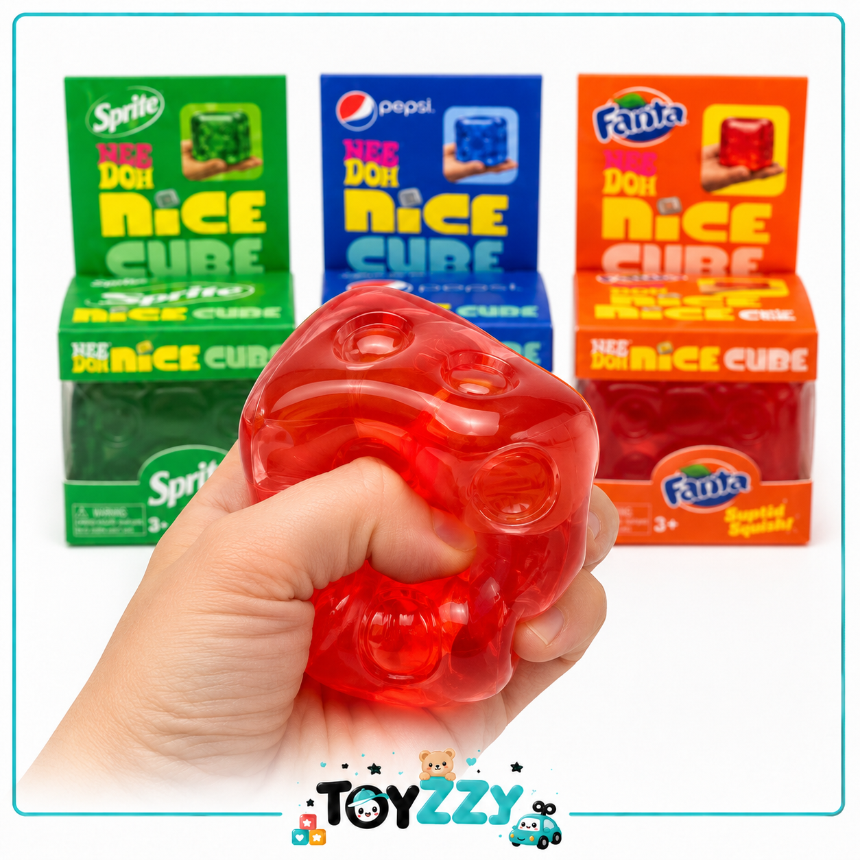 Red orange Nice Cube squishy being squeezed by hand