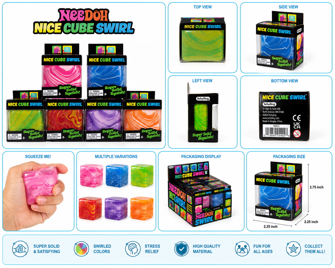 NeeDoh Nice Cube Swirl packaging dimensions showing height width and depth