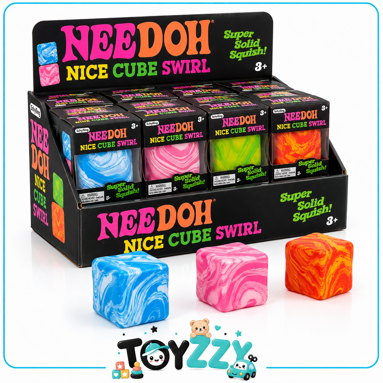 NeeDoh Nice Cube Swirl squishy cube displayed beside its retail packaging at Toyzzy