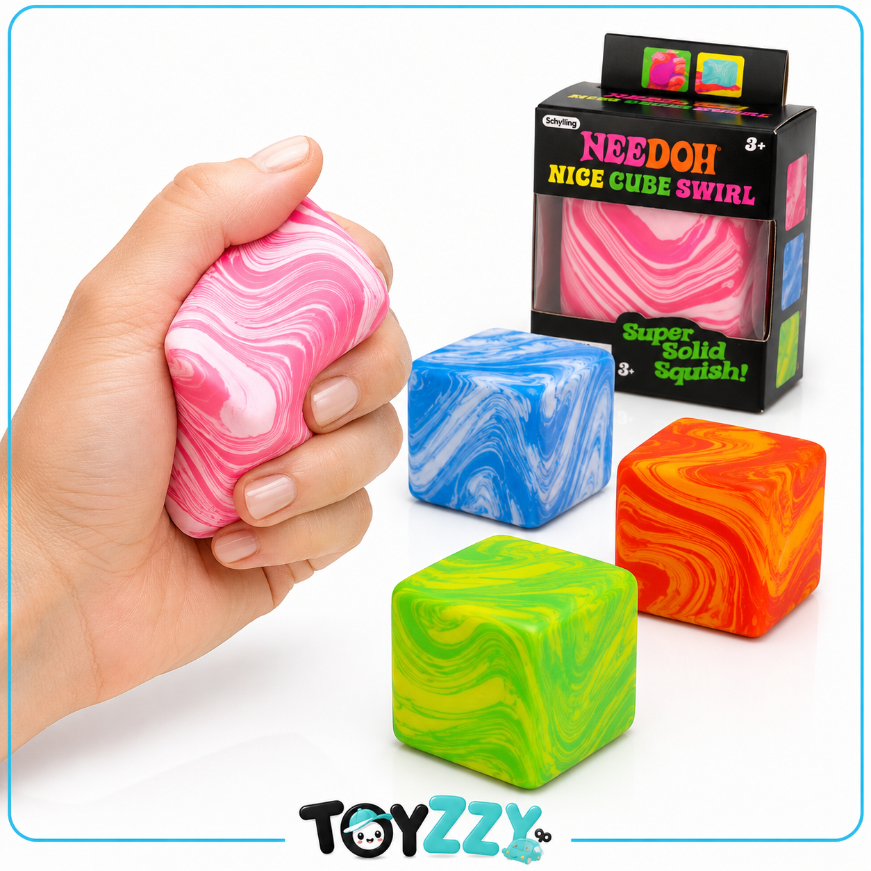 Hand squeezing NeeDoh Nice Cube Swirl to demonstrate its soft squishy texture