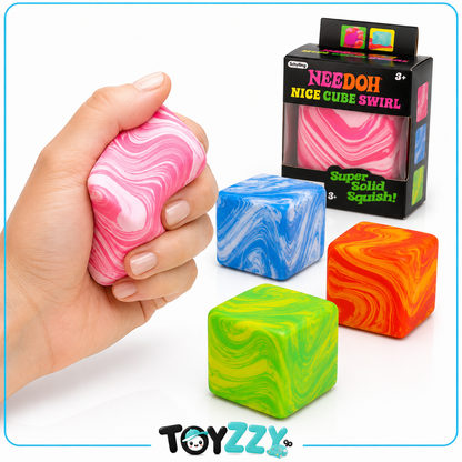 Hand squeezing NeeDoh Nice Cube Swirl to demonstrate its soft squishy texture