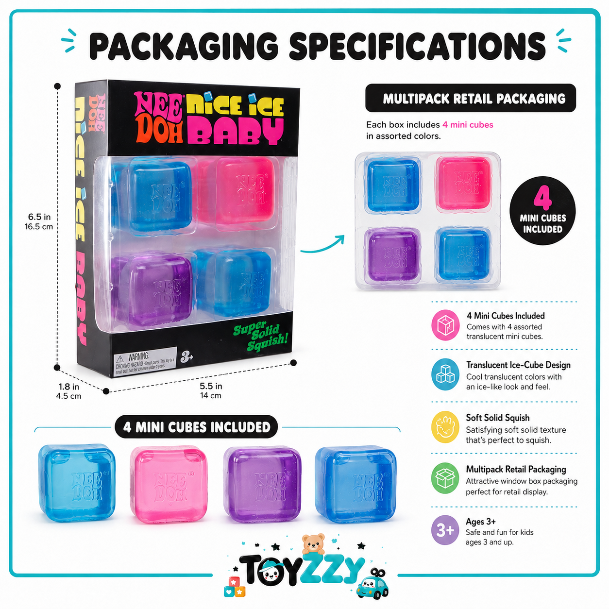NeeDoh Nice Ice Baby 4 mini cube multipack features and packaging
