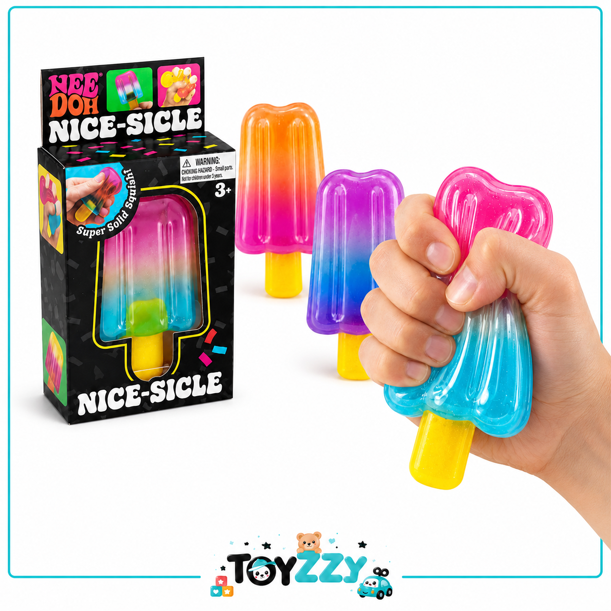 NeeDoh Nice-Sicle popsicle squishy toy being squeezed by hand