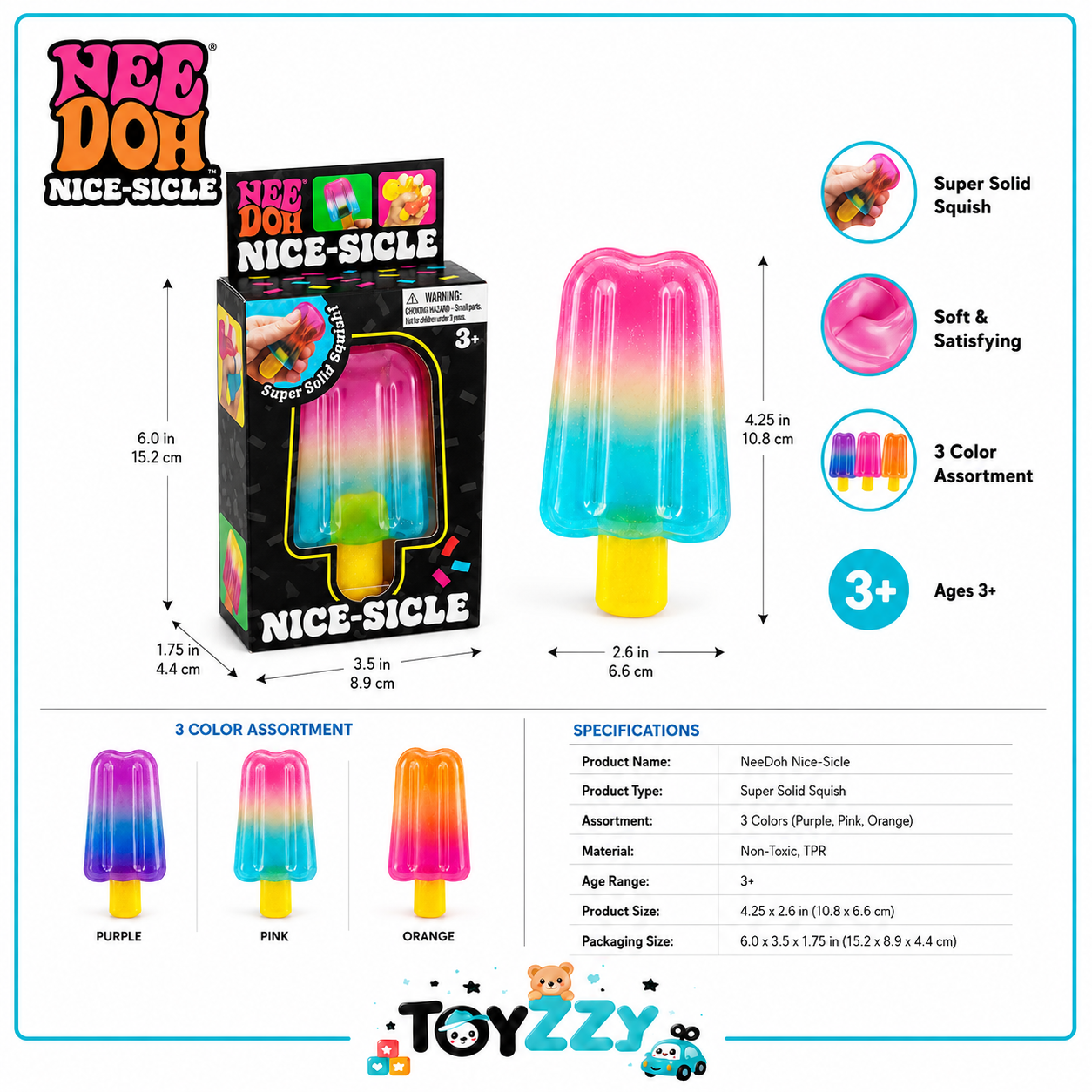 NeeDoh Nice-Sicle squishy toy packaging and product feature overview - Toyzzy