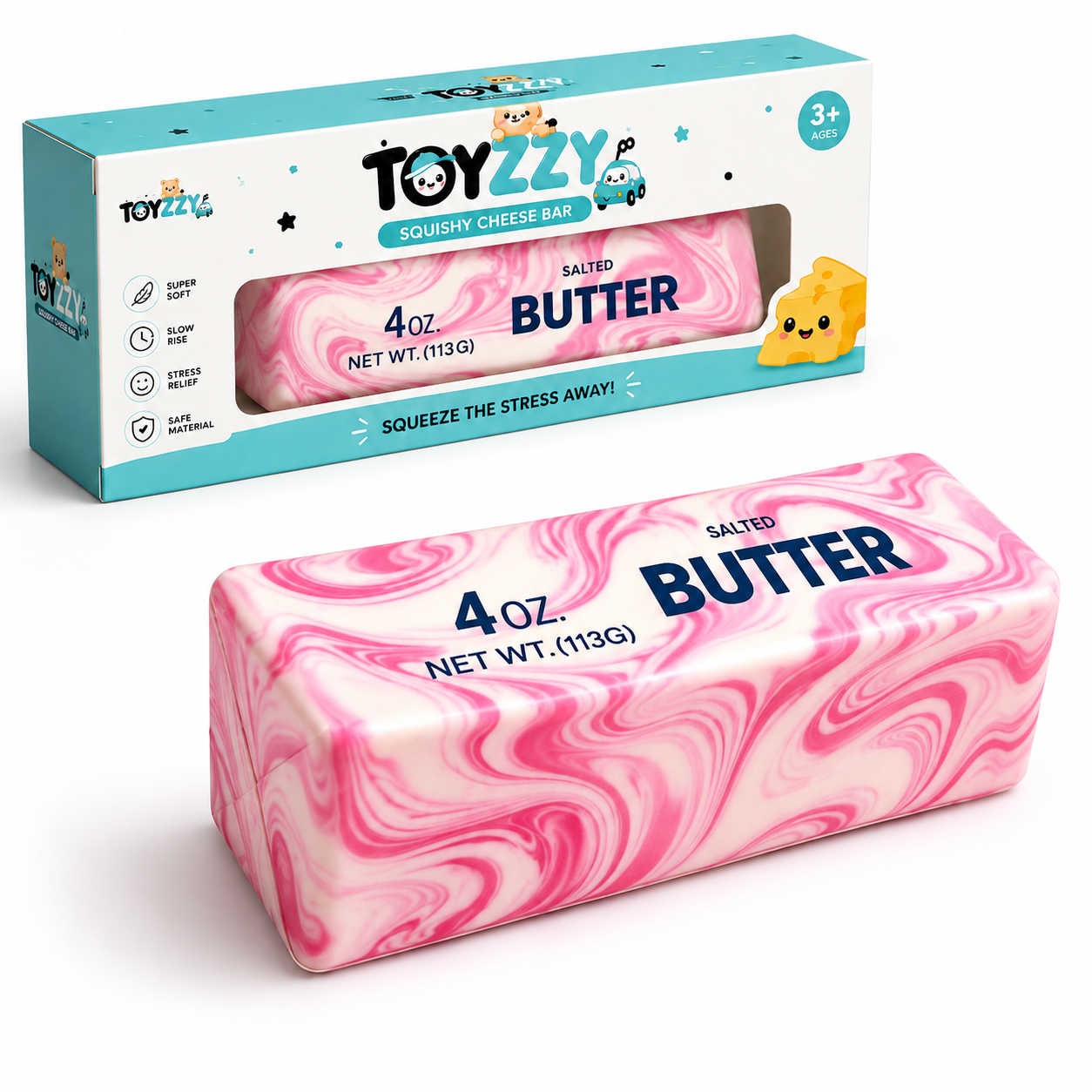 Pink swirl TOYZZY butter squishy slow-rising sensory toy with packaging