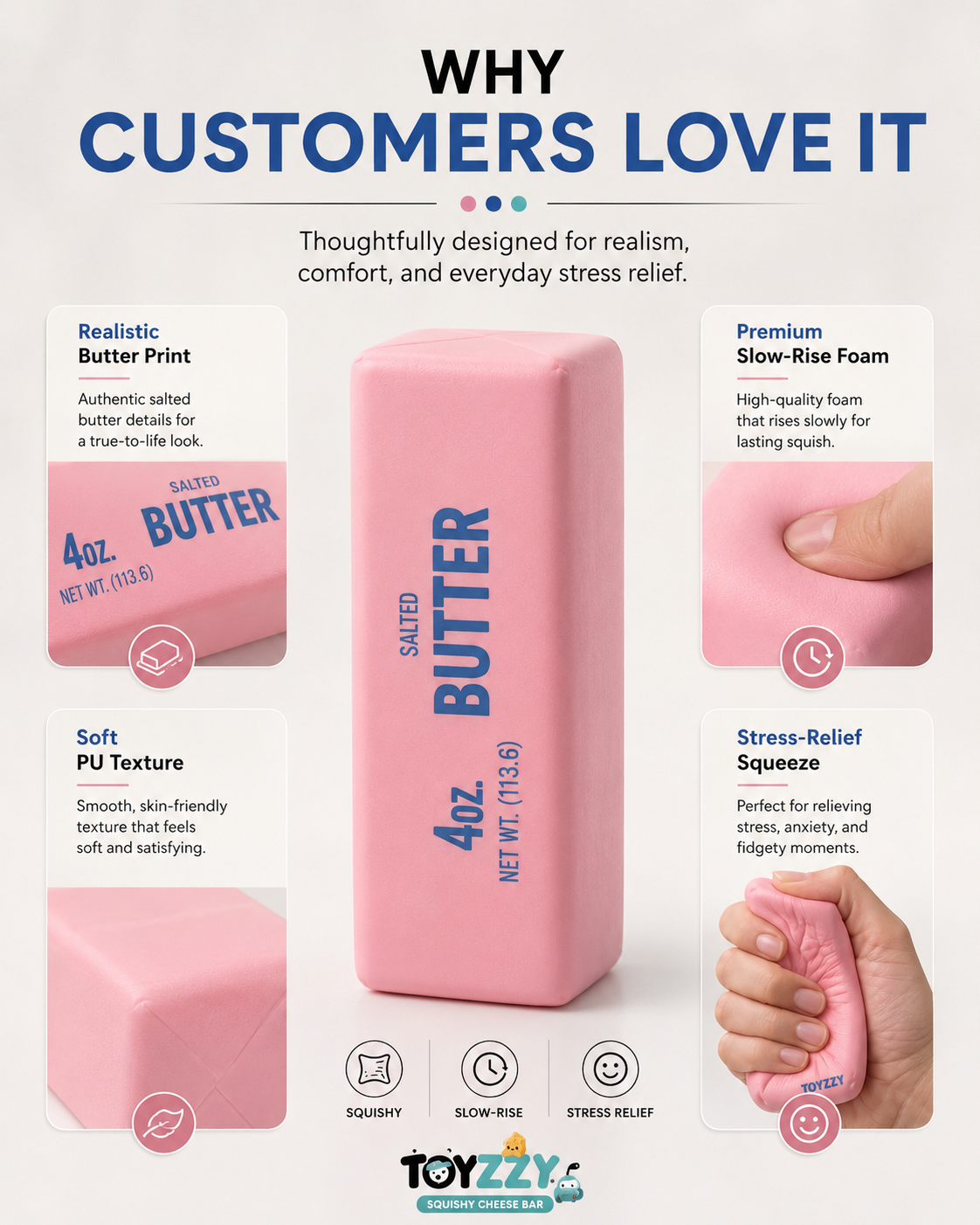 Hand squeezing Toyzzy pink butter squishy showing soft slow-rise foam compression