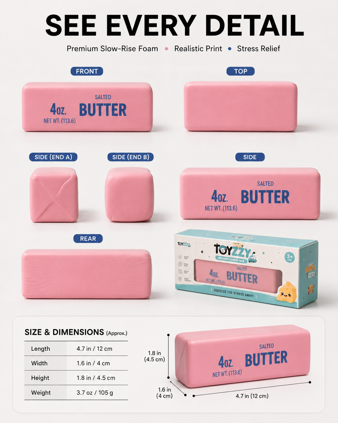 Front, side, top and rear views of Toyzzy pink butter squishy toy and packaging