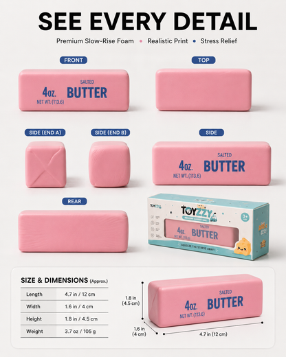 Front, side, top and rear views of Toyzzy pink butter squishy toy and packaging