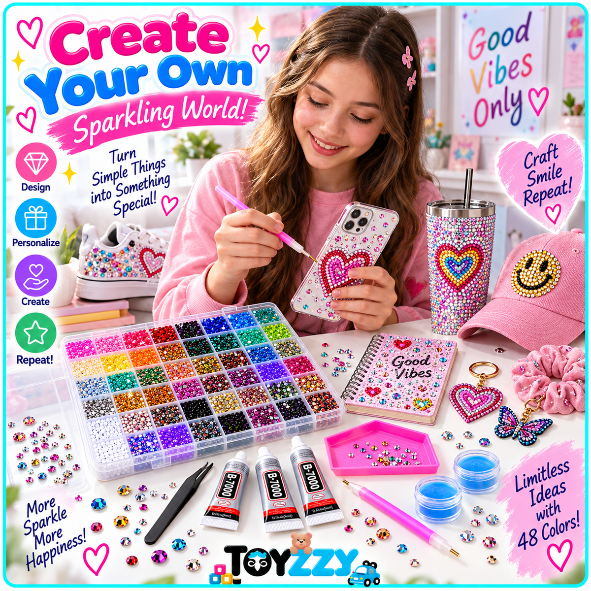 Rhinestone kit being used to create a sparkling custom phone case