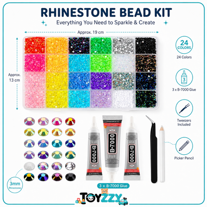 Toyzzy 24-color rhinestone Bedazzling  kit showing 3mm rhinestones, B-7000 glue, tweezers and picker pencil