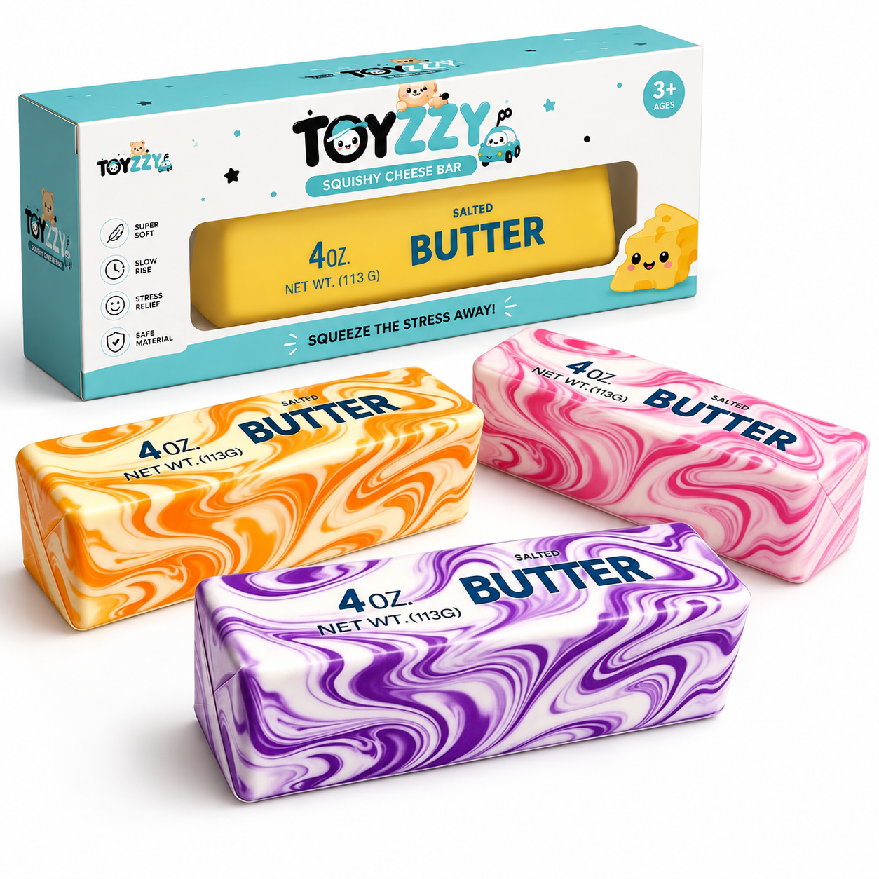 TOYZZY butter squishy toy showing three colors, slow-rise texture and product features