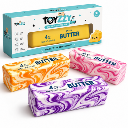 TOYZZY butter squishy toy showing three colors, slow-rise texture and product features