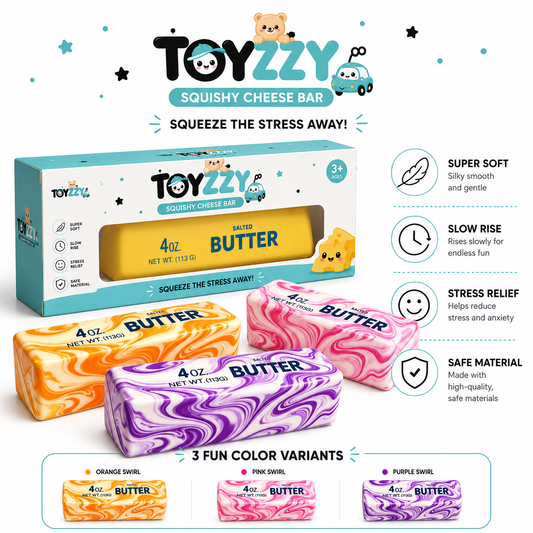 TOYZZY butter squishy toy with orange, pink and purple swirl designs and retail packaging