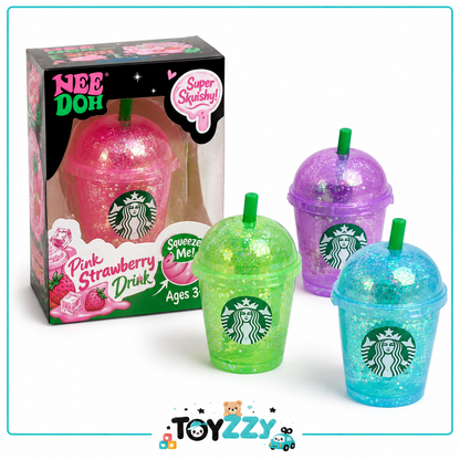 NeeDoh starbucks drink squishy toys in pink green and purple with packaging