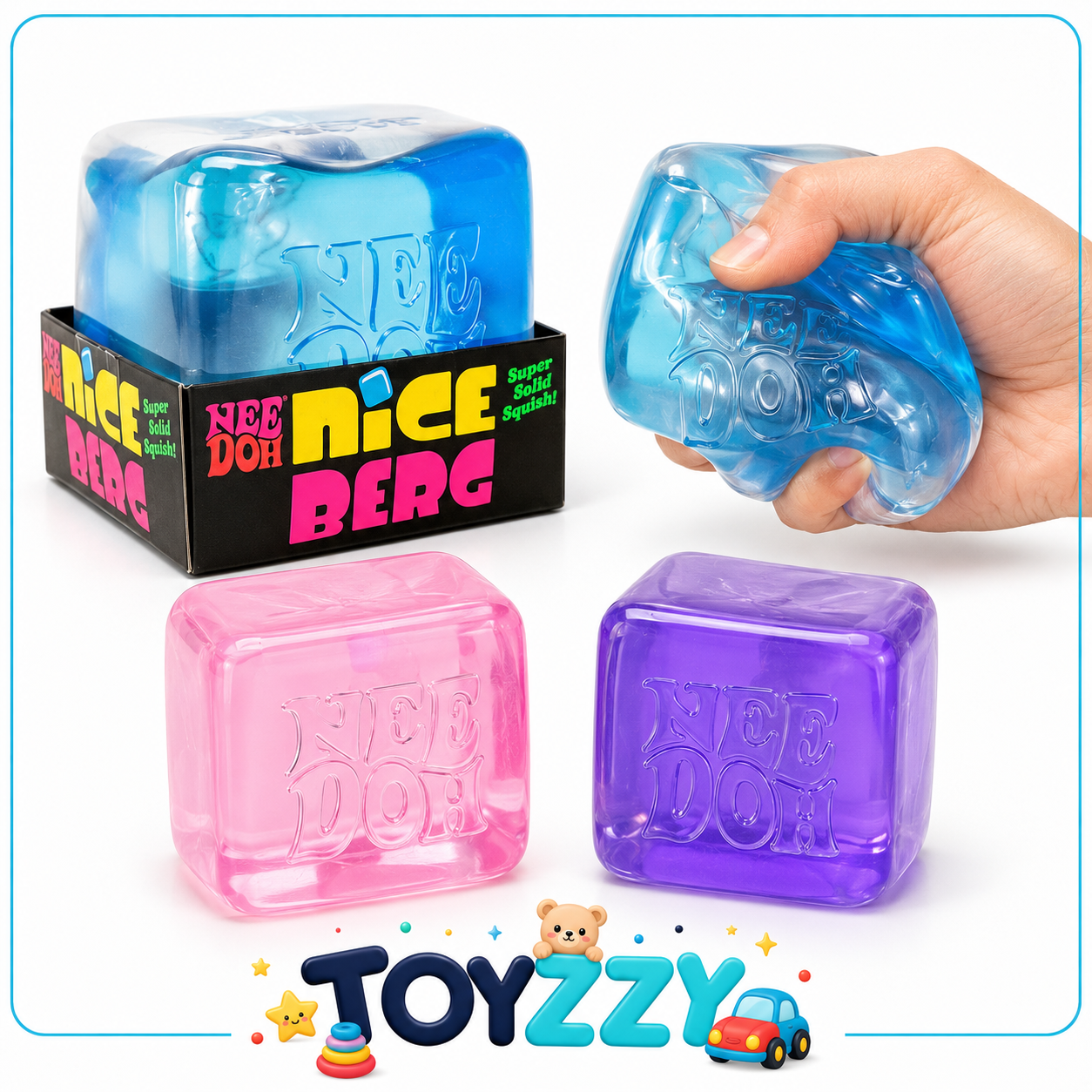 Shop NeeDoh Nice Berg at Toyzzy, featuring giant sensory squishy cubes in translucent blue, pink and purple. This oversized NeeDoh fidget toy provides a satisfying super-solid squish and is ideal for sensory play, stress relief and NeeDoh collectors.