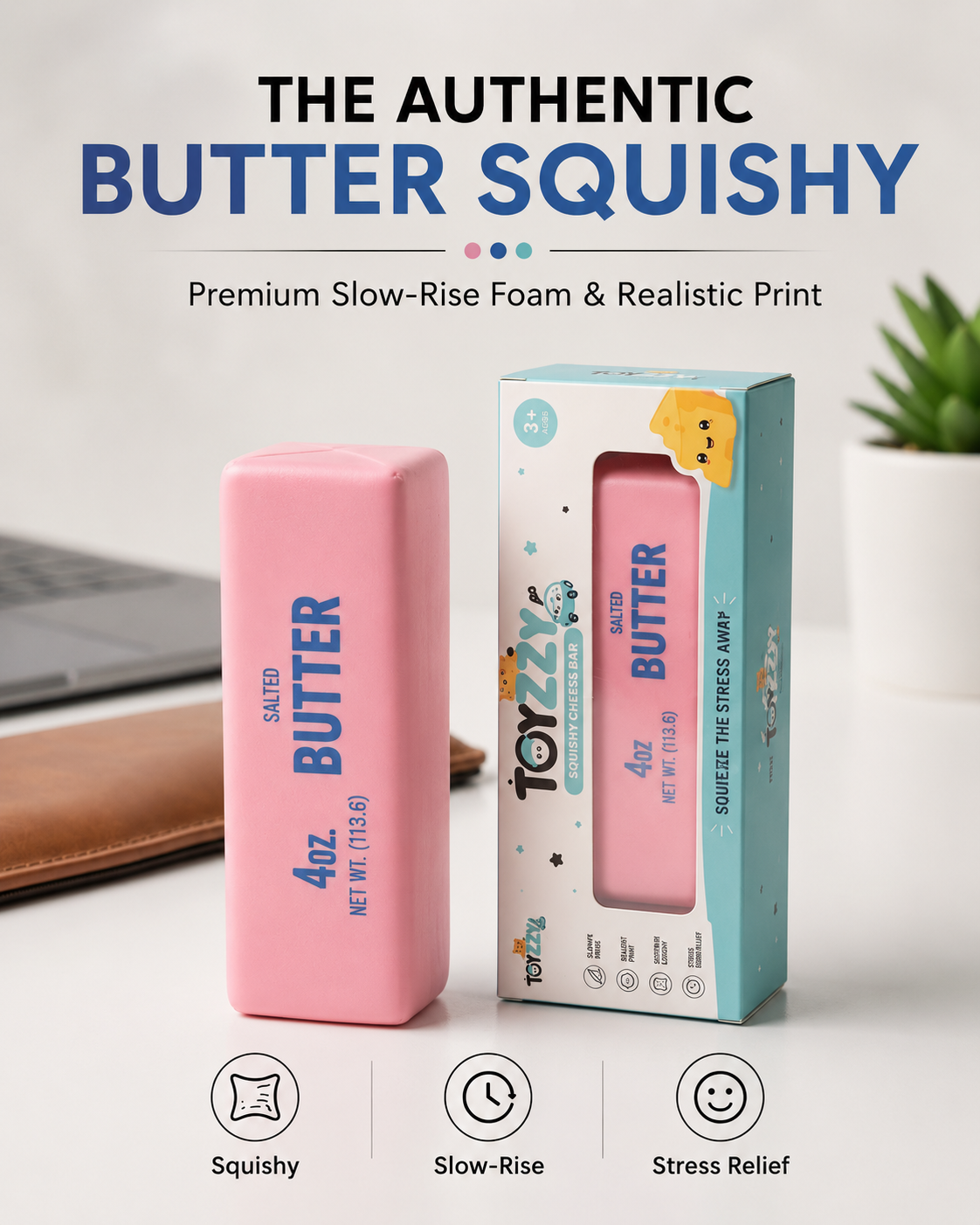 Toyzzy pink butter squishy slow-rise foam toy with branded retail packaging