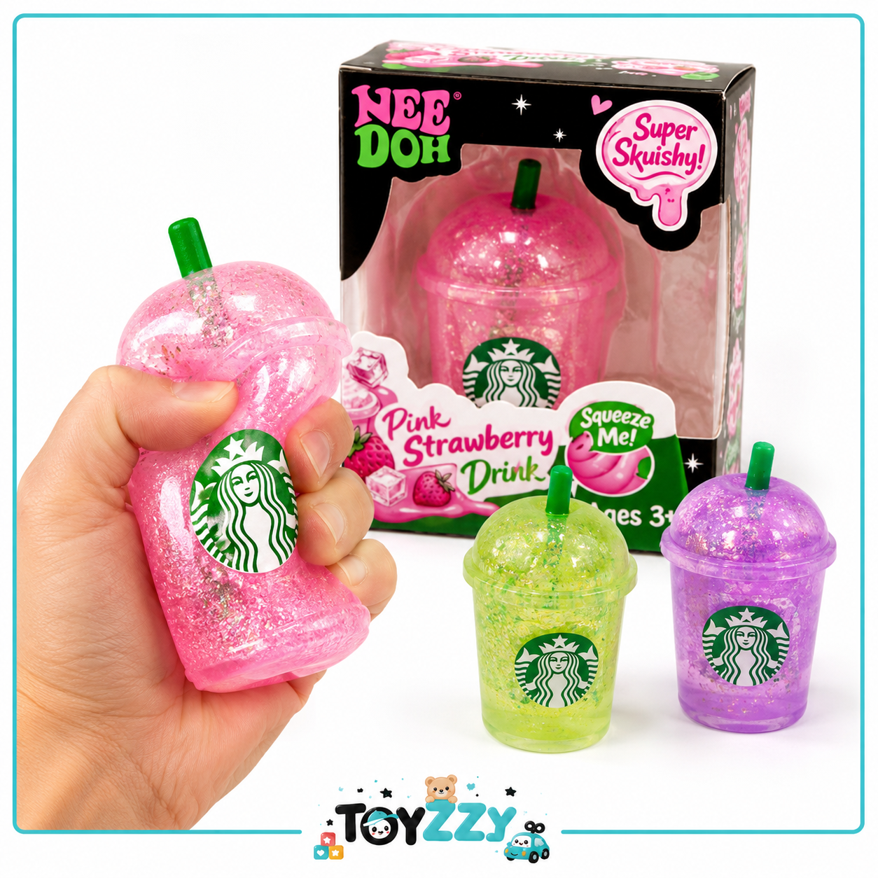 NeeDoh StarBucks Pink drink squishy toy being squeezed by hand
