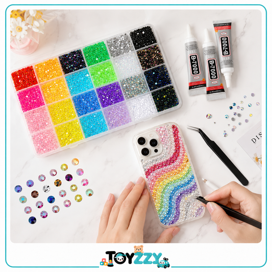 Toyzzy rhinestone craft kit used to decorate a phone case with colorful crystals