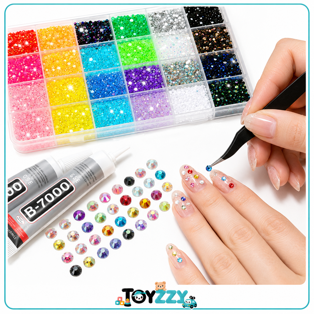 Toyzzy rhinestone kit being used to apply colorful crystals to nail art