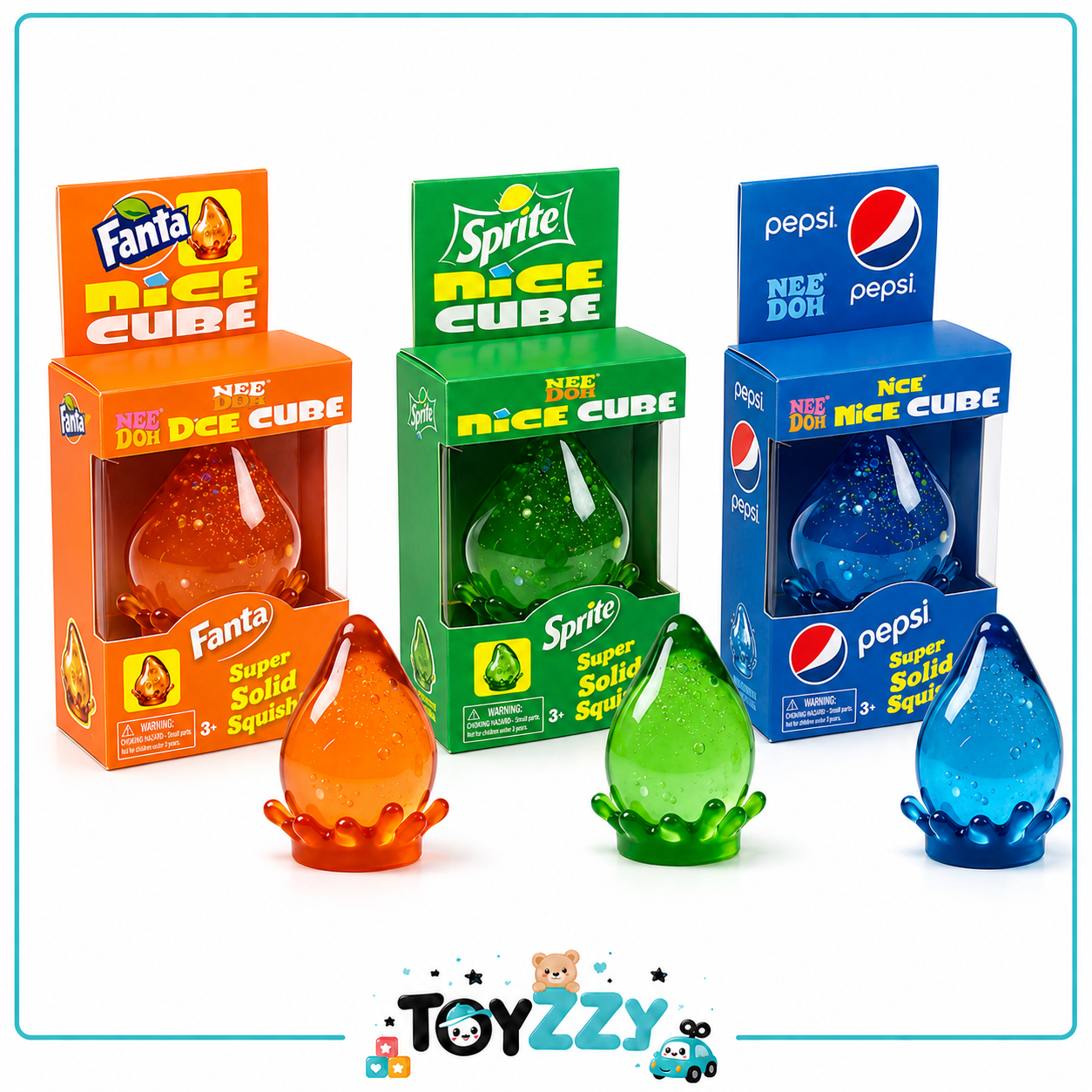 Toyzzy soda-inspired squishy drop 3-pack in orange green and blue with packaging