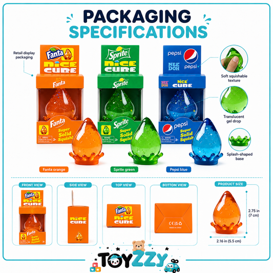 Toyzzy NeeDoh Dream Drop Sprite,Fanta and Pepsi Collabration squishy-pack in orange green and blue with packaging